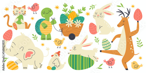 Cartoon animals carry easter eggs flat icons set. Different spring holidays elements. Cute rabbit, turtle, cat, chicks