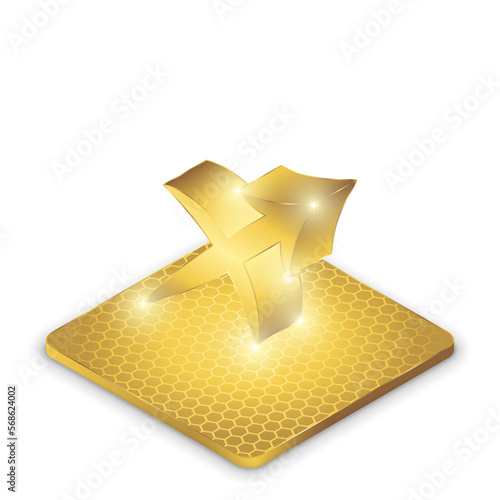 Isometric Left View Sagittarius Zodiac Symbol Glowing Gold Plate 2.5D Sculpture Icon Isolated on White Background for Horoscope, Astrology.