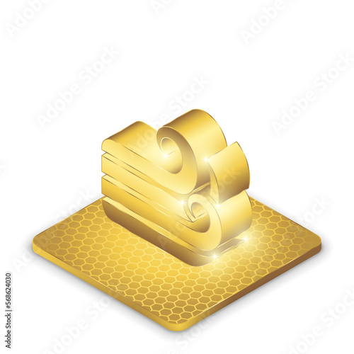Isometric Left View Wind Blow Air Element Symbol Glowing Gold Plate 2.5D Sculpture Icon Isolated on White Background for Horoscope, Astrology.