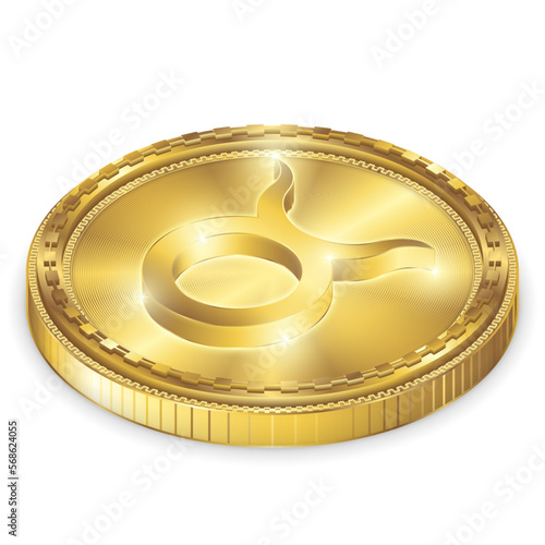 Isometric Top View Taurus Zodiac Symbol Glowing Gold Coin 2.5D Sculpture Icon Isolated on White Background for Horoscope, Astrology.