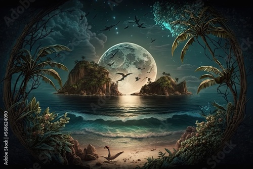 Wallpaper landscape of island beaches at night with full moon and glowing, birds, trees and plants in vintage style © Walid