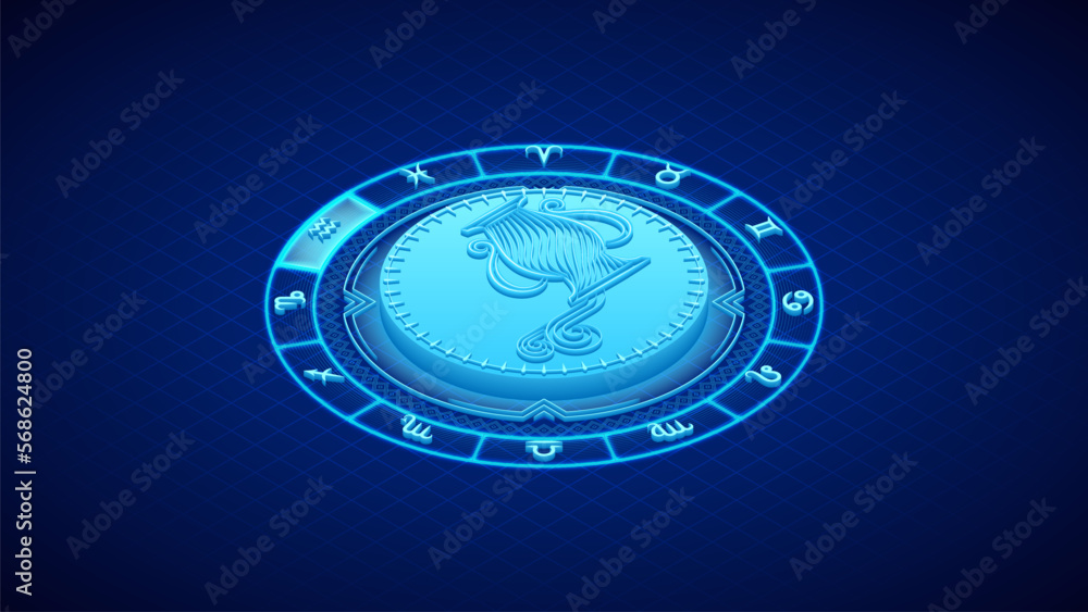 Water-Bearer Aquarius Zodiac Symbol, Wheel of Twelve-Sign, Neon Glow Isometric Bas-Relief Sculpture, Horoscope and Astrology Element for Fortune-Telling, Lattice Grid Backdrop Background. Water-Bearer Aquarius Zodiac Symbol, Wheel of Twelve-Sign, Neon Glow Isometric Bas-Relief Sculpture, Horoscope and Astrology Element for Fortune-Telling, Lattice Grid Backdrop Background.