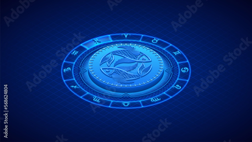 Two-Fish Pisces Zodiac Symbol, Wheel of Twelve-Sign, Neon Glow Isometric Bas-Relief Sculpture, Horoscope and Astrology Element for Fortune-Telling, Lattice Grid Backdrop Background.