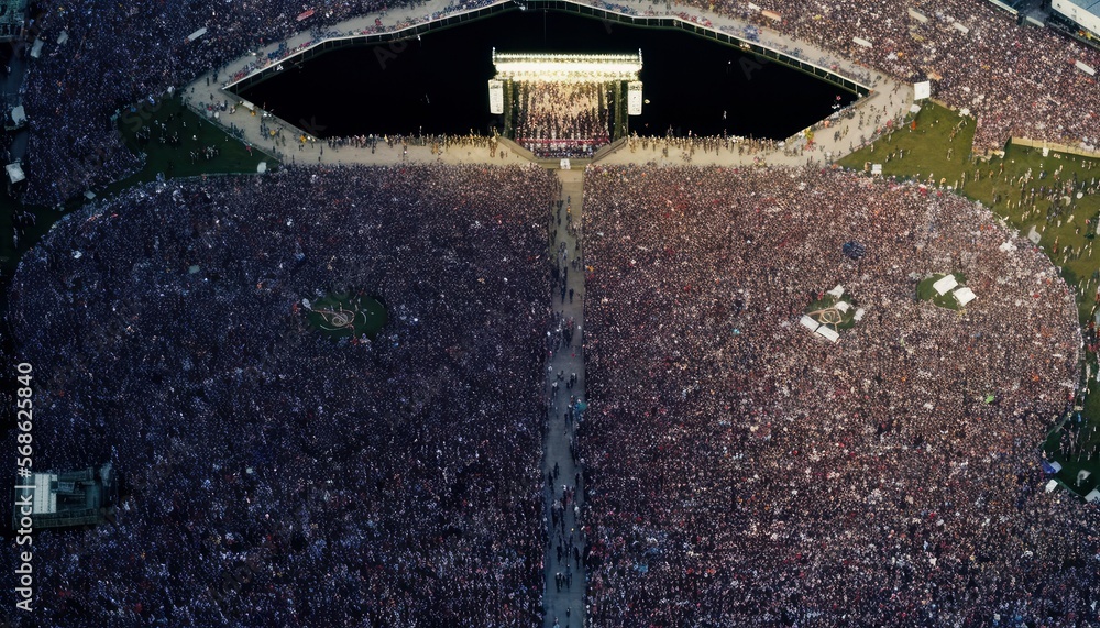 Aerial Panoramic View Of A Huge Concert With Thousands Of Fans : Stunning Drone Footage Showcasing Overhead Bird's Eye Perspective (Generative AI) Aerial Panoramic View Of A Huge Concert With Thousands Of Fans : Stunning Drone Footage Showcasing Overhead Bird's Eye Perspective (Generative AI)