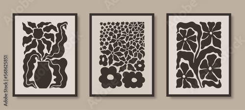 Abstract Naive Floral Groovy Posters Set. Modern Botanical Prints in Contemporary Minimal Style. Vector Illustrations