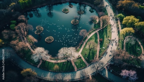 Aerial Panoramic View Of A Large Park With People And Animals Enjoying The Scenery : Stunning Drone Footage Showcasing Overhead Bird's Eye Perspective (Generative AI)