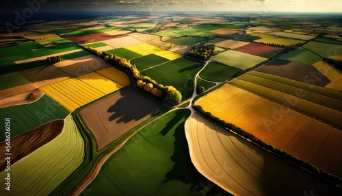 Fotografiet Aerial Panoramic View Of Agricultural Lands And Farm Fields : Stunning Drone Foo