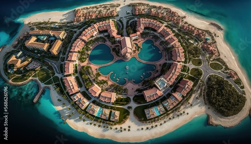 Aerial Panoramic View Of Beaches And Resorts : Stunning Drone Footage Showcasing Overhead Bird's Eye Perspective (Generative AI)