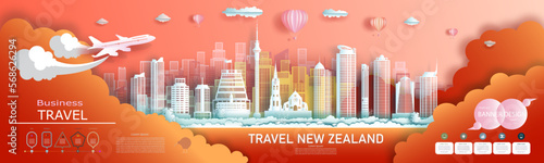Infographic advertising travel brochure New Zealand with modern and ancient architecture.