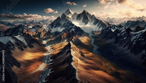 Aerial Panoramic View Of Mountain Ranges And Peaks : Stunning Drone Footage Showcasing Overhead Bird's Eye Perspective (Generative AI)