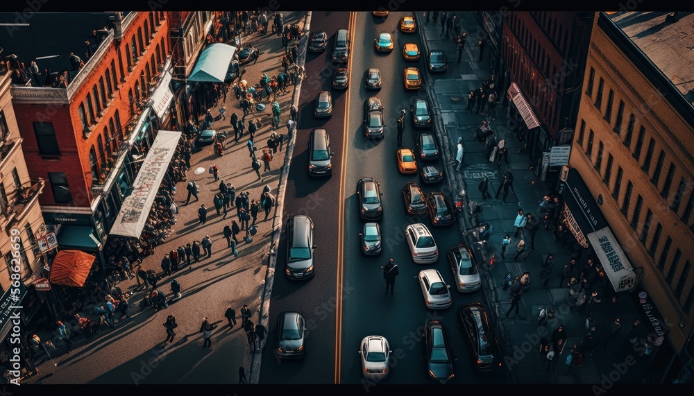 Aerial Panoramic View Of A Bustling City Street With Lots Of People And  Cars : Stunning Drone Footage Showcasing Overhead Bird's Eye Perspective  (Generative AI) Illustration Stock | Adobe Stock
