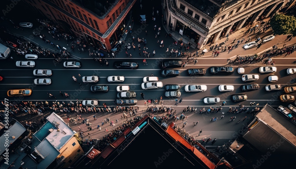 Aerial Panoramic View Of A Bustling City Street With Lots Of People And Cars : Stunning Drone Footage Showcasing Overhead Bird's Eye Perspective (Generative AI)