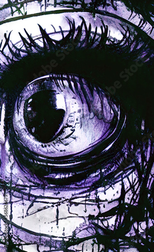 An eye that shows fear with enlarged pupil as if struck by terror. Generative AI art style illustration.