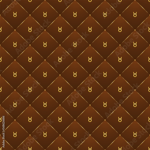 Taurus Zodiac Symbol, Golden Luxury Seamless Velvet Lattice Pattern Geometric Backdrop Background, Air Element Fabric Textile Diamond Tile Texture.