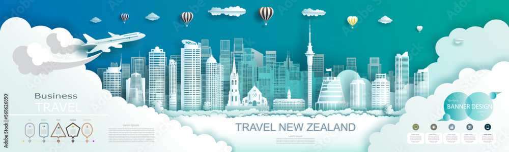 Advertising travel brochure New zealand top world modern skyscraper and famous city.