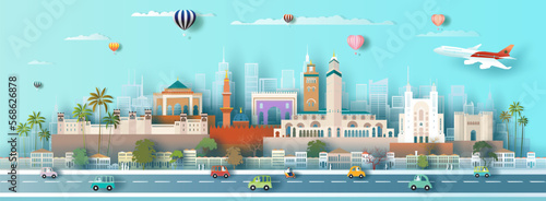 Travel landmark Morocco in city downtown architecture skyline and Africa tourism.