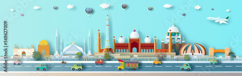 Travel landmark Pakistan in city downtown architecture skyline and Asia tourism.