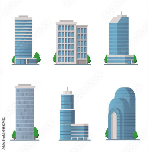 Modern buildings and cities have flat vector icons