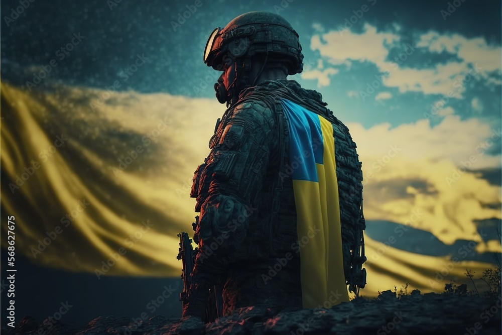 ukraine soldier and flag on the battlefield. Generative AI
