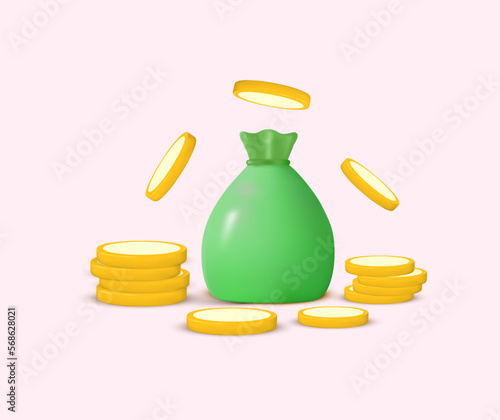 3D Money bag with coin dollar icon. Cash, interest rate, business and finance, return on investment, financial solution, prepayment and down payment concept.