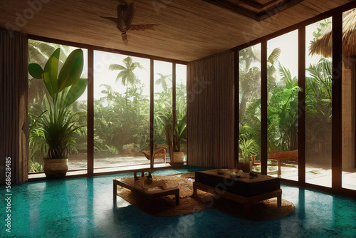 Beautiful Mexico Tulum Inspired Luxury Living Room Interior with Lush Jungle Forest Views Made with Generative AI