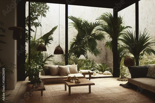 Cozy Luxury Tulum Spanish Modern Family Room Interior with Jungle Palm Views Made with Generative AI © Bryan