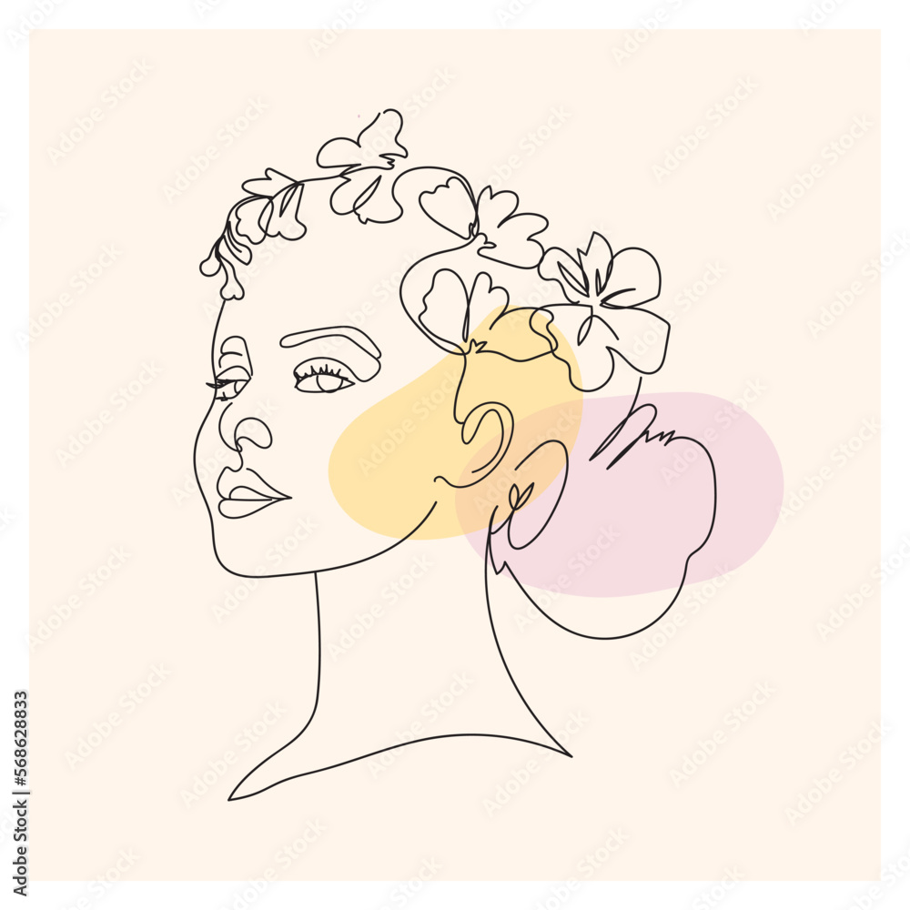 Continuous line drawing of beauty woman with leaves vector illustration. One line minimalist art for organic cosmetics. Continuous line drawing of beauty woman with leaves vector illustration. One line minimalist art for organic cosmetics.