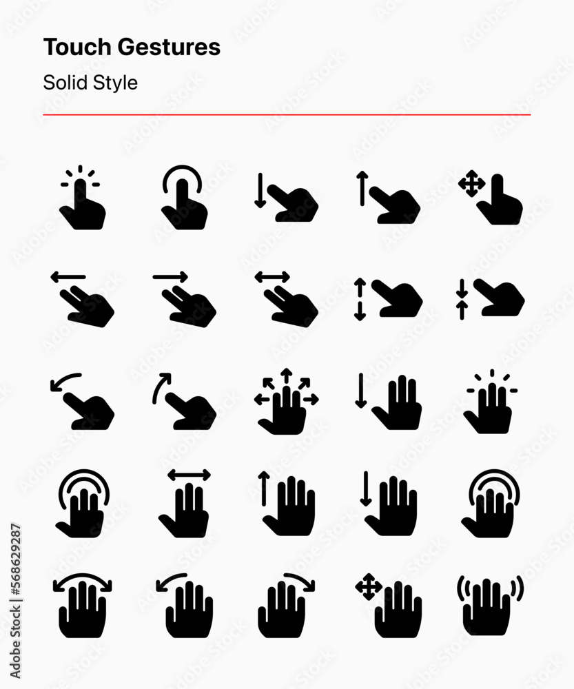 Obraz premium Customizable set of touch gesture icons covering gestures and movements for user interaction on device interfaces. Perfect for apps, websites, product design, device interface, interaction design, etc