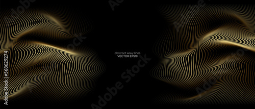 3D Vector wave lines pattern smooth curve flowing dynamic gold gradient light isolated on black background for concept luxury, technology, digital, communication, science, music.