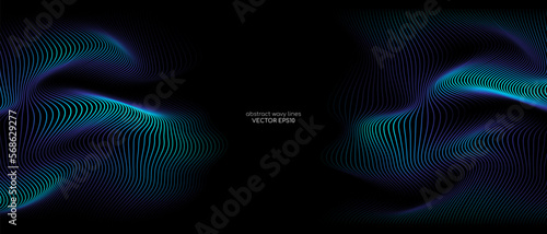 3D Vector wave lines pattern smooth curve flowing dynamic blue green gradient light isolated on black background for concept technology, digital, communication, science, music.
