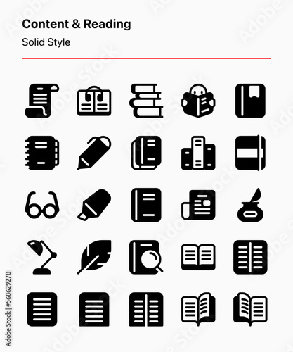 Customizable set of content and literature icons covering reading and writing elements. Perfect for apps, websites, blogs, libraries, e-readers, stores, businesses, publications, etc