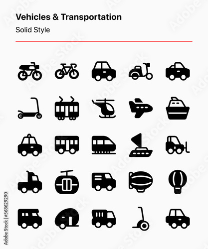 Customizable set of vehicles and transportation icons covering land, water, and aerial transportation modes. Perfect for apps, webs, stores, education, businesses, catalogs, product illustrations, etc