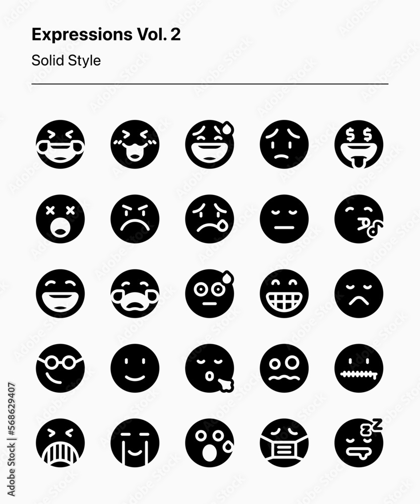 The second volume of customizable expressive face icons covering basic and common expressions. Perfect for apps, websites, graphic design, advertising, marketing, social media, and other projects The second volume of customizable expressive face icons covering basic and common expressions. Perfect for apps, websites, graphic design, advertising, marketing, social media, and other projects