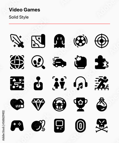 Customizable set of video game icons covering game categories and elements. Perfect for mobile and desktop games, app and website interfaces, digital products, marketplaces, marketing, etc