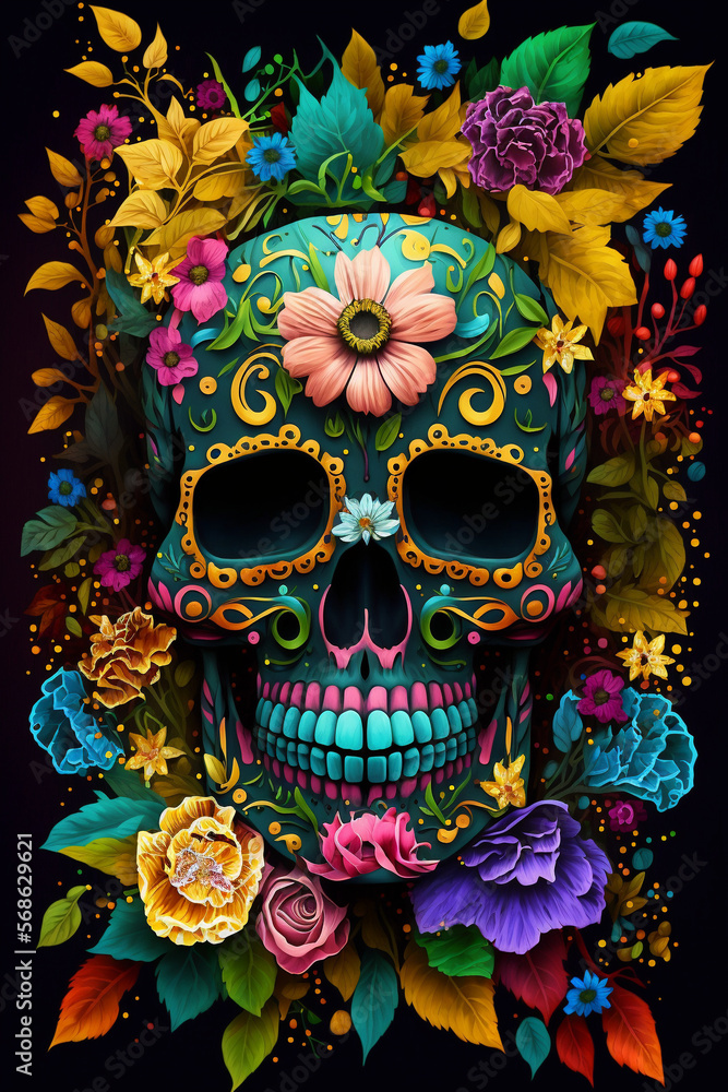 Day of the dead. Blue skull and flowers. Generative AI