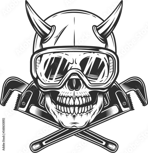 Skull with horns in safety glasses and construction wrench for gas and builder plumbing pipe wrench or body shop mechanic spanner repair tool in vintage monochrome style illustration