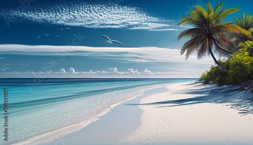 beautiful tropical beach  wave  palm tree  blue sky  could