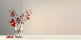 Branches with red berries in a glass vase on a light background. Mock up for displaying works and products. Copy space, text space. Gnerative AI