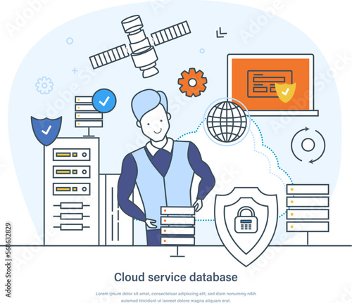 Cloud service database network computing technology, data storage. Digital service for data transferring, cloud computing service business technology thin line design of vector doodles