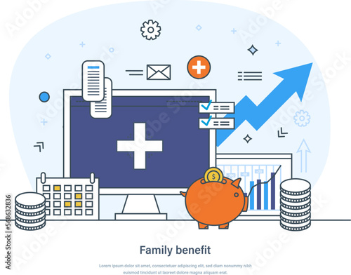 Family benefit social security program and support concept. Family tax benefit, pension scheme, parental allowance, help with raising children, insurance thin line design of vector doodles