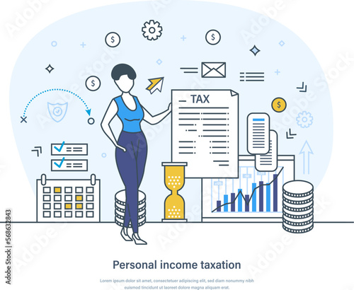 Personal income taxation, taxes and fees paying concept. Finance accounting, obligatory payments calculating, tax credit. Financial income and expenses thin line design of vector doodles