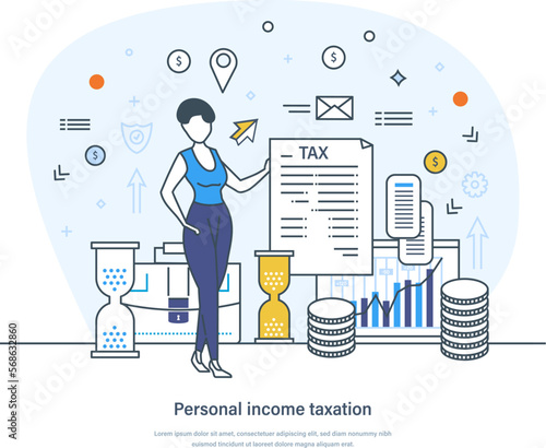 Personal income taxation, taxes and fees paying concept. Finance accounting, obligatory payments calculating, tax credit. Financial income and expenses thin line design of vector doodles
