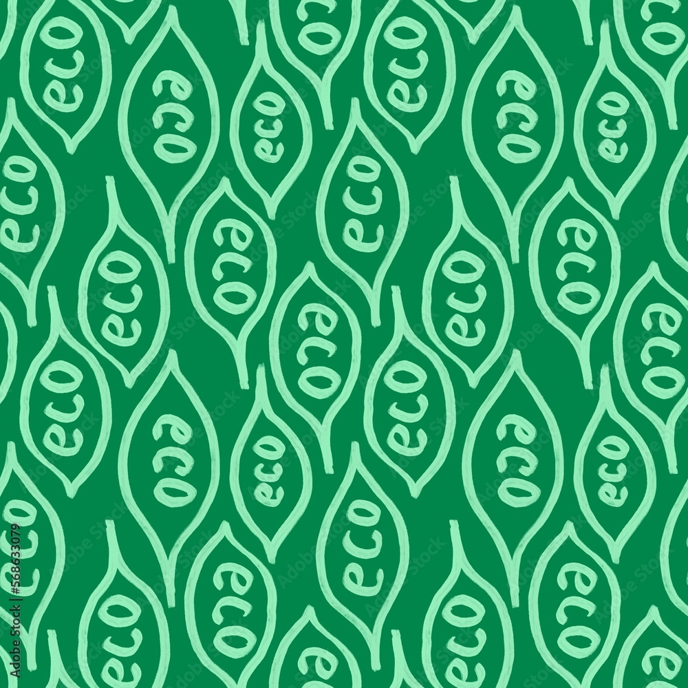 Hand drawn seamless pattern eco organic words leaves on green background. Eco friendly environment farmer market clean sustainable food. Wrapping paper packaging design, words lettering slogan Hand drawn seamless pattern eco organic words leaves on green background. Eco friendly environment farmer market clean sustainable food. Wrapping paper packaging design, words lettering slogan