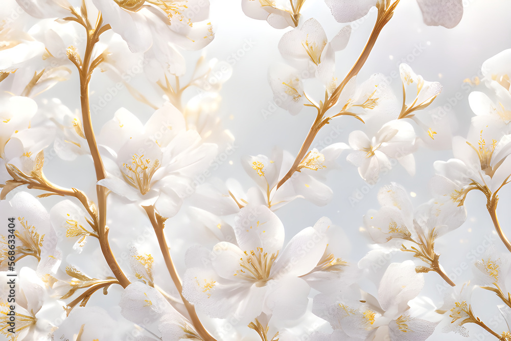 White flowers on branches against a white background. Generative AI.