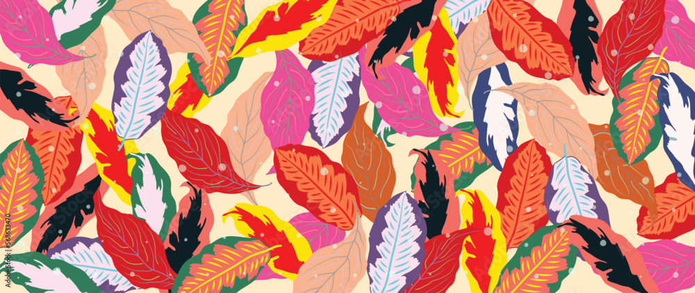 Colorful tropical leaves background vector illustration. Abstract botanical leaves pattern, exotic spring summer style texture background. Contemporary art design for home decoration, wallpaper.
