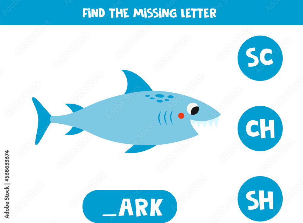 Find missing letter with cute shark. Spelling worksheet. Stock Vector ...