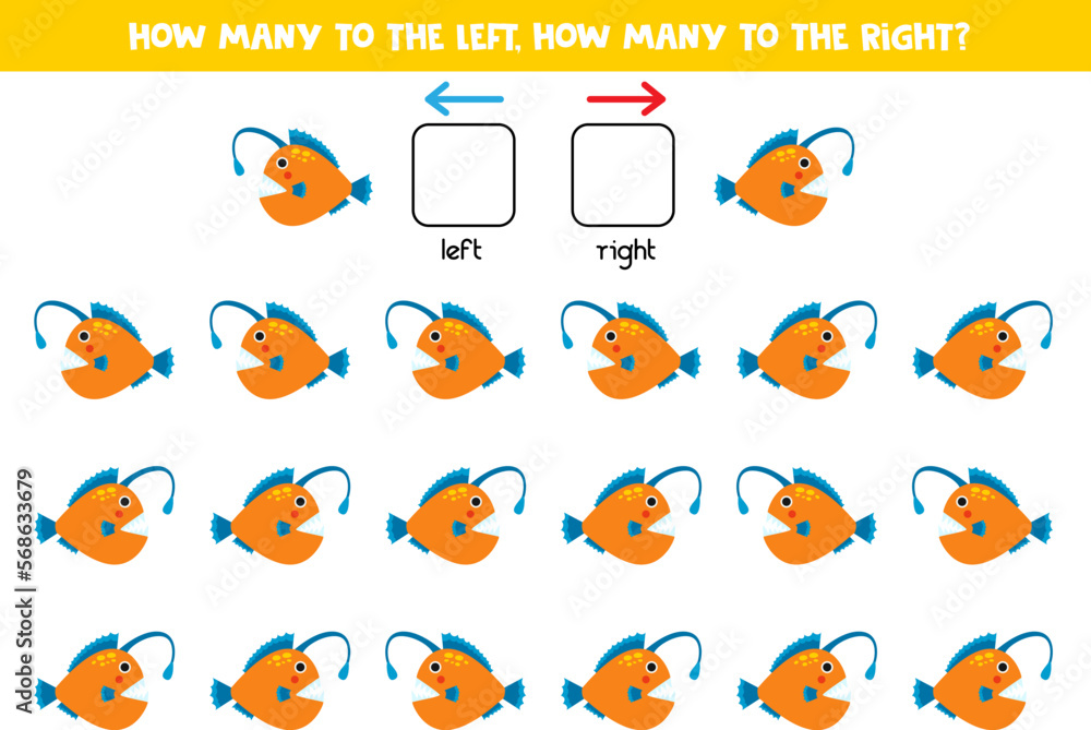 Left or right with cute angler fish. Logical worksheet for preschoolers. Left or right with cute angler fish. Logical worksheet for preschoolers.