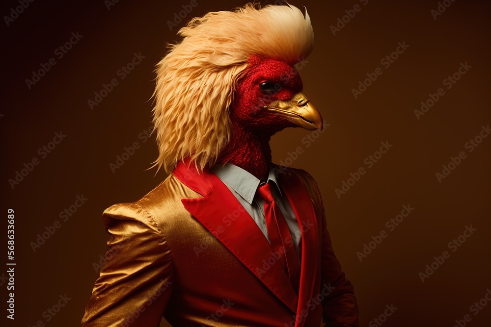 Portrait of a rooster, Hybrids creature, half man, half Chicken in mythology wearing a shirt and jacket easter rooster, illustration, generative AI