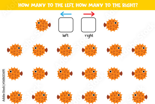 Left or right with cute puffer fish. Logical worksheet for preschoolers.