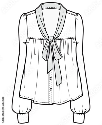 women long sleeve bow blouse flat technical cad drawing vector template